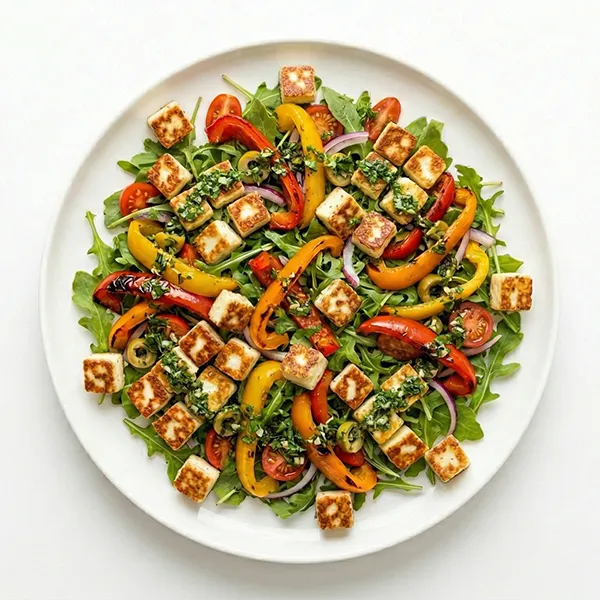 Arugula, Halloumi, and Roasted Bell Pepper Salad with Olive Herb Dressing